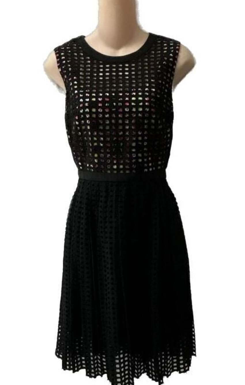 Per Se Black Mesh Grid Overlay Sleeveless Dress with Floral Underlay in 100% cot
